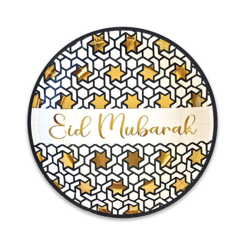 Black White & Gold Star 'Eid Mubarak' Disposable Paper Plate & Cups