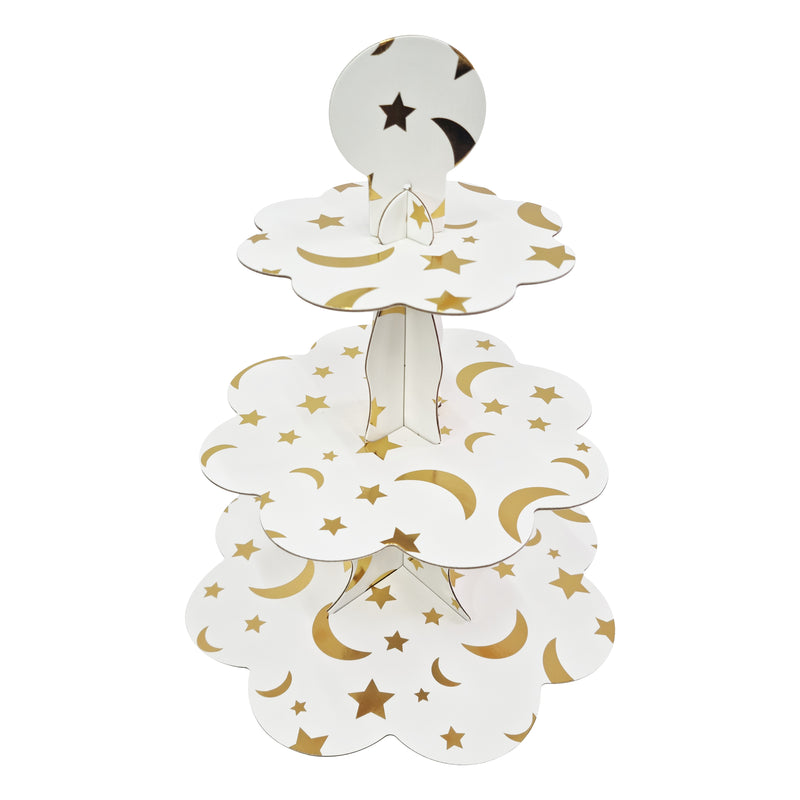 3-Tier White & Gold Moon & Star Cardboard Serving Stand