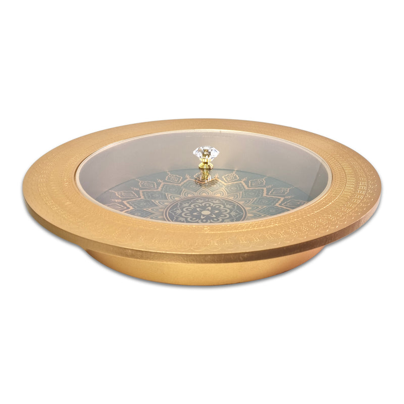 Large Round Gold Wooden Serving Platter Tray with Lid(1925-10)