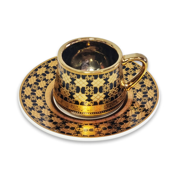 Set of 6 Ceramic Cups & Saucers - Black & Gold Geometric Pattern (C22-21)