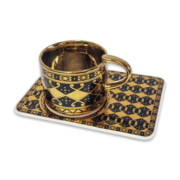 Set of 6 Ceramic Cups & Tile Saucers - Gold & Black Pattern (C22-18)