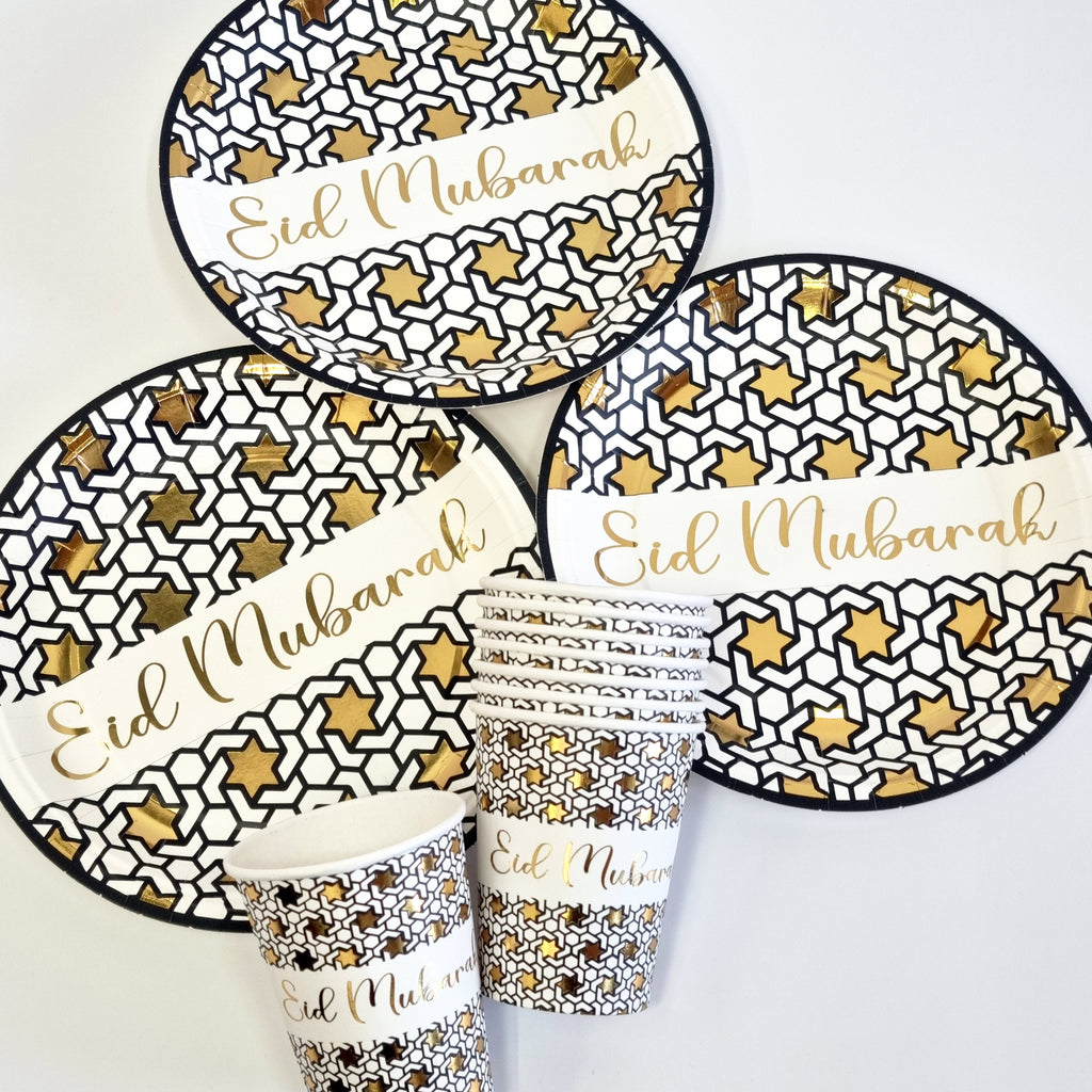 Black White & Gold Star 'Eid Mubarak' Disposable Paper Plate & Cups
