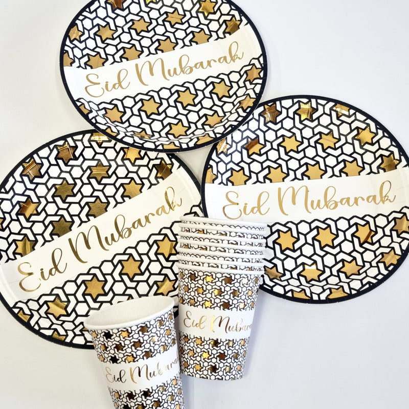 Black White & Gold Star 'Eid Mubarak' Disposable Paper Plate & Cups