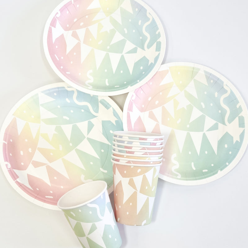 'Pastel Rainbow' Disposable Paper Plate & Cup Set