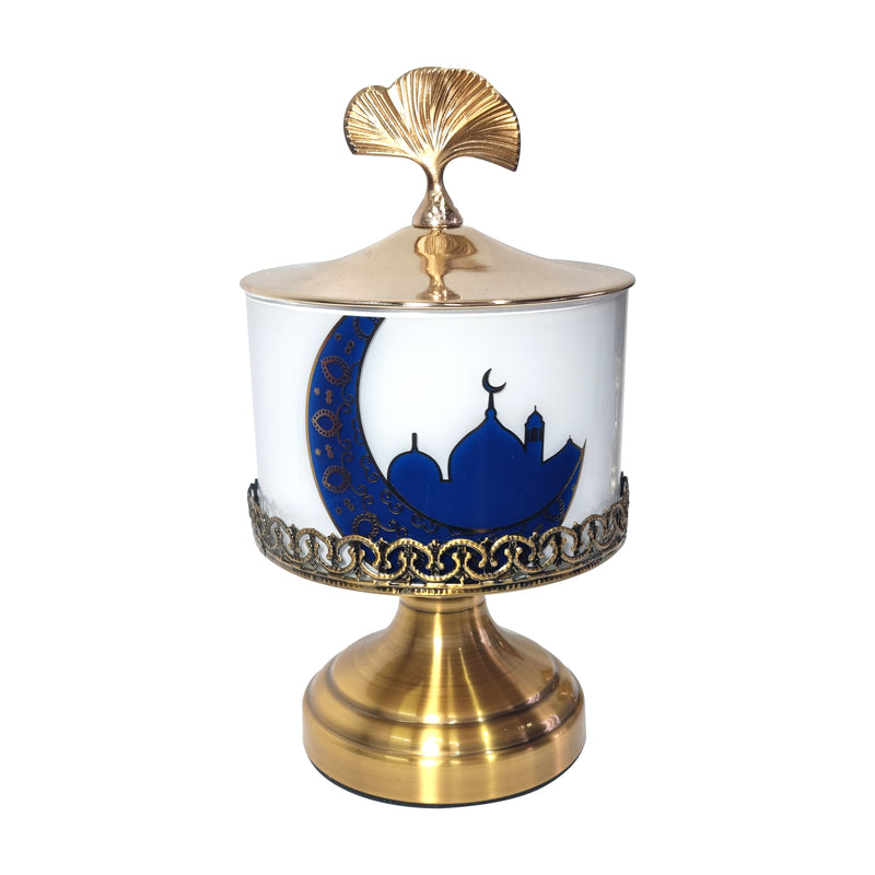 White & Gold Ornate Iftar Tin w/ Lid + Handle - Eid Mubarak Moon - Medium