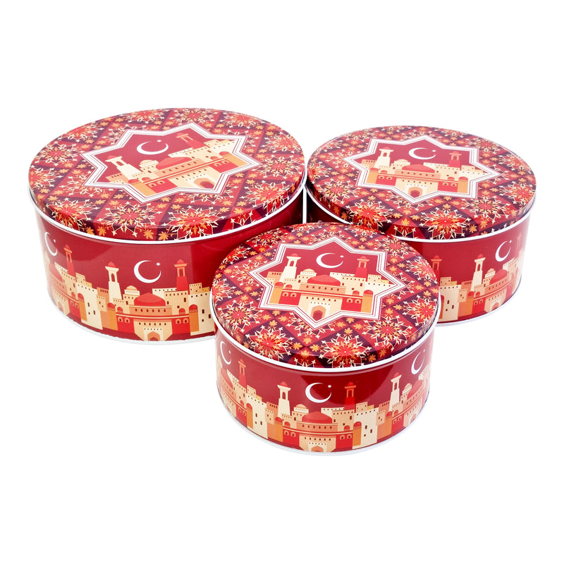 3-in-1 Red Round Turkey Mosque Floral Eid Cake & Gift Tins Set