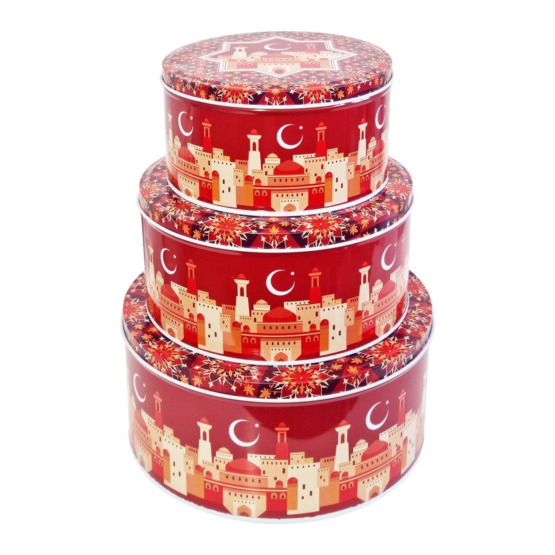 3-in-1 Red Round Turkey Mosque Floral Eid Cake & Gift Tins Set