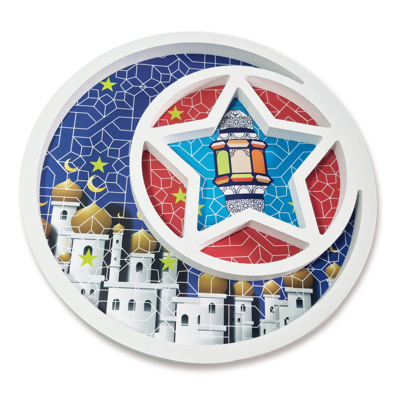 Wooden Round Star Geometric Pattern Eid & Ramadan Food Serving Tray - Blue & Red