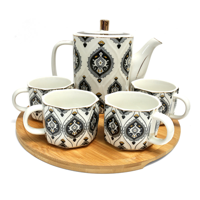 6pc Ceramic Iftar Tea Set - 1 x Eid & Ramadan Tea Pot & 4 x Tea / Coffee Cups / Mugs on Wooden Tray - Grey & White Ornate Paisley