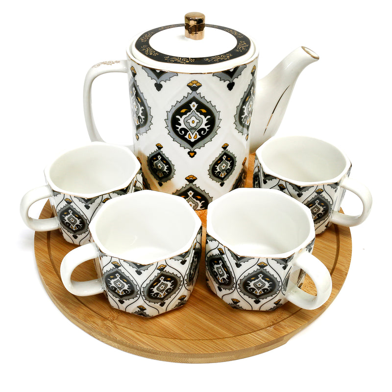 6pc Ceramic Iftar Tea Set - 1 x Eid & Ramadan Tea Pot & 4 x Tea / Coffee Cups / Mugs on Wooden Tray - Grey & White Ornate Paisley