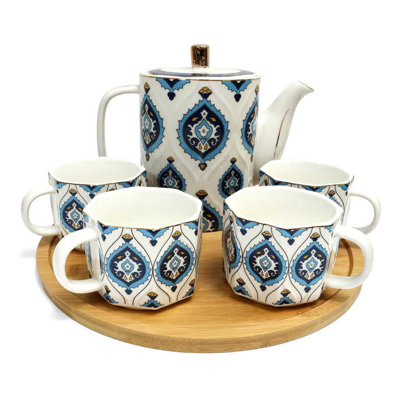 6pc Ceramic Iftar Tea Set - 1 x Eid & Ramadan Tea Pot & 4 x Tea / Coffee Cups / Mugs on Wooden Tray - Blue & White Ornate Paisley