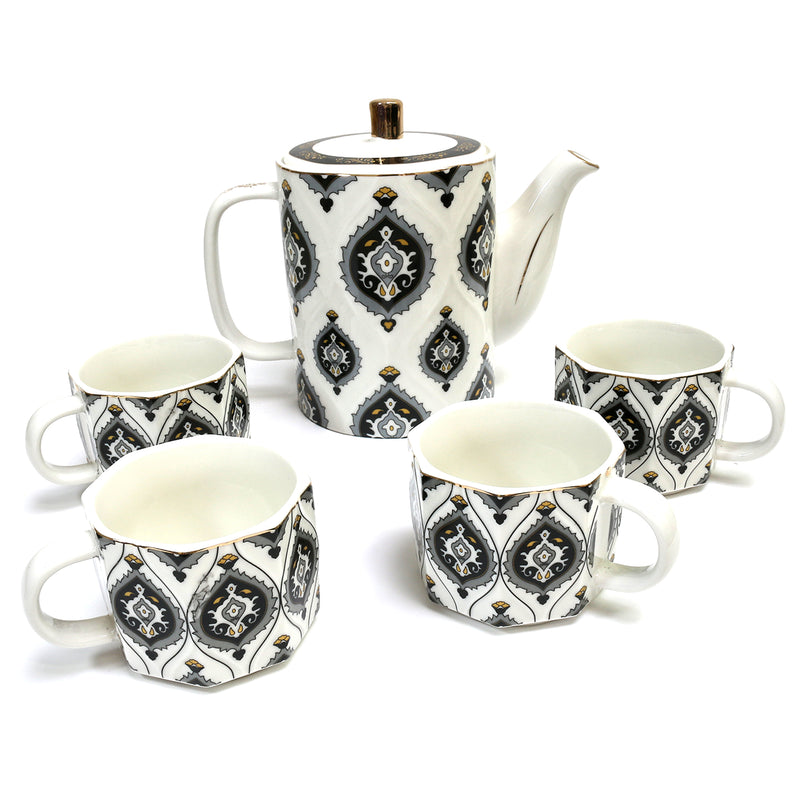 6pc Ceramic Iftar Tea Set - 1 x Eid & Ramadan Tea Pot & 4 x Tea / Coffee Cups / Mugs on Wooden Tray - Grey & White Ornate Paisley