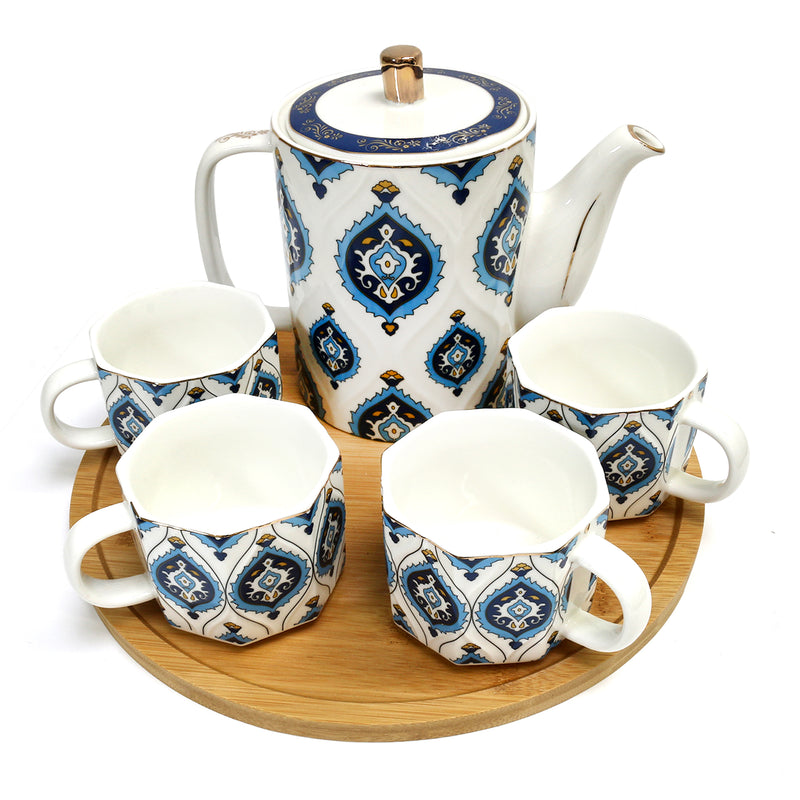 6pc Ceramic Iftar Tea Set - 1 x Eid & Ramadan Tea Pot & 4 x Tea / Coffee Cups / Mugs on Wooden Tray - Blue & White Ornate Paisley