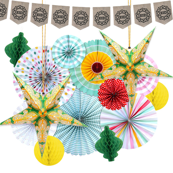 Hessian Geo Bunting, Pastel Fans, Large Green & Pink Stars + Yellow & Green Honeycomb Lantern Decoration SET 23