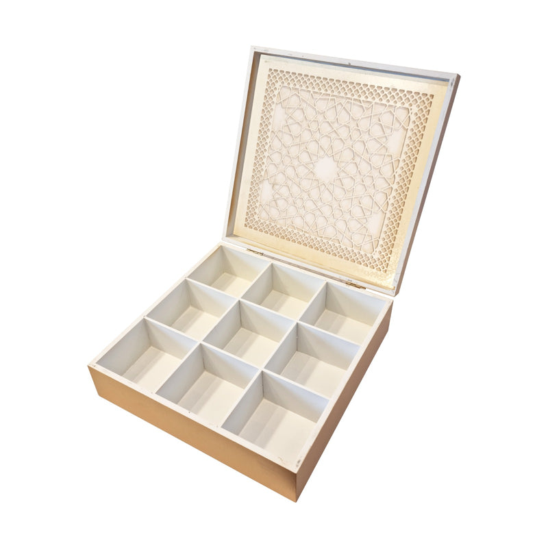 Gold Wooden Hinged Display Box - 9 Divided Sections w/ Clear/Geometric Window Lid