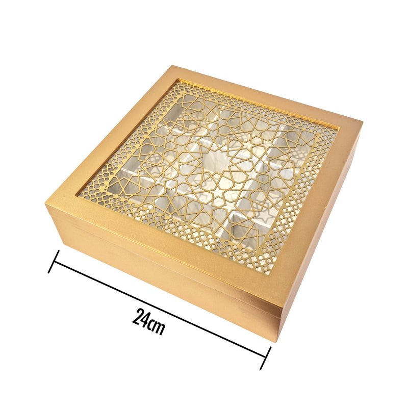 Gold Wooden Hinged Display Box - 9 Divided Sections w/ Clear/Geometric Window Lid