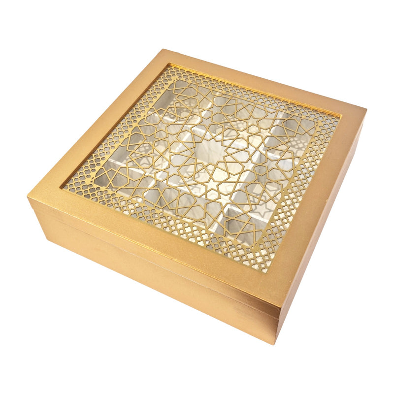Gold Wooden Hinged Display Box - 9 Divided Sections w/ Clear/Geometric Window Lid