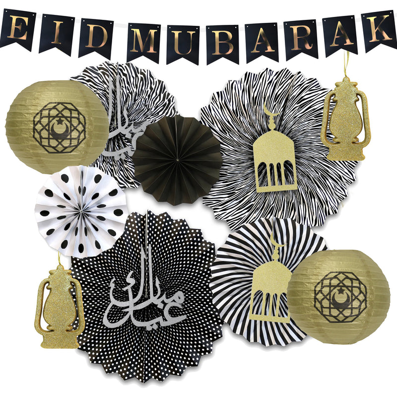 Black & Gold Eid Mubarak Bunting, Black & White Paper Fans w/ Symbols + Gold Glitter - Foam Moon Star & Lantern Decoration  SET 1
