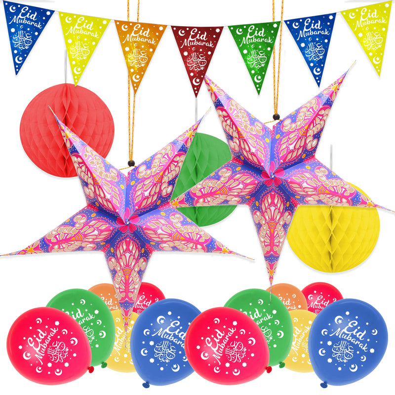 Multicolour Eid Bunting, 2 Large Stars, 3pc Paper Honeycombs + Multicolour Balloon Decoration SET 21
