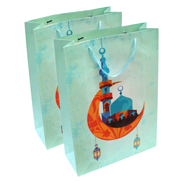 Pack of 2 Large Light Blue Crescent Moon Eid & Ramadan Gift Bags