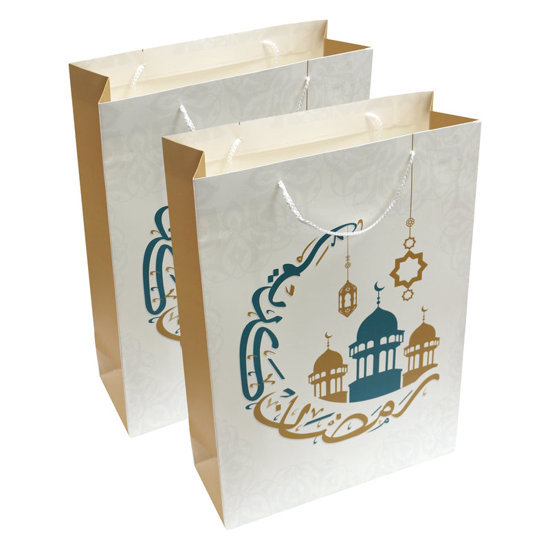 Pack of 2 Large White Gold/Teal Mosque Eid & Ramadan Gift Bags