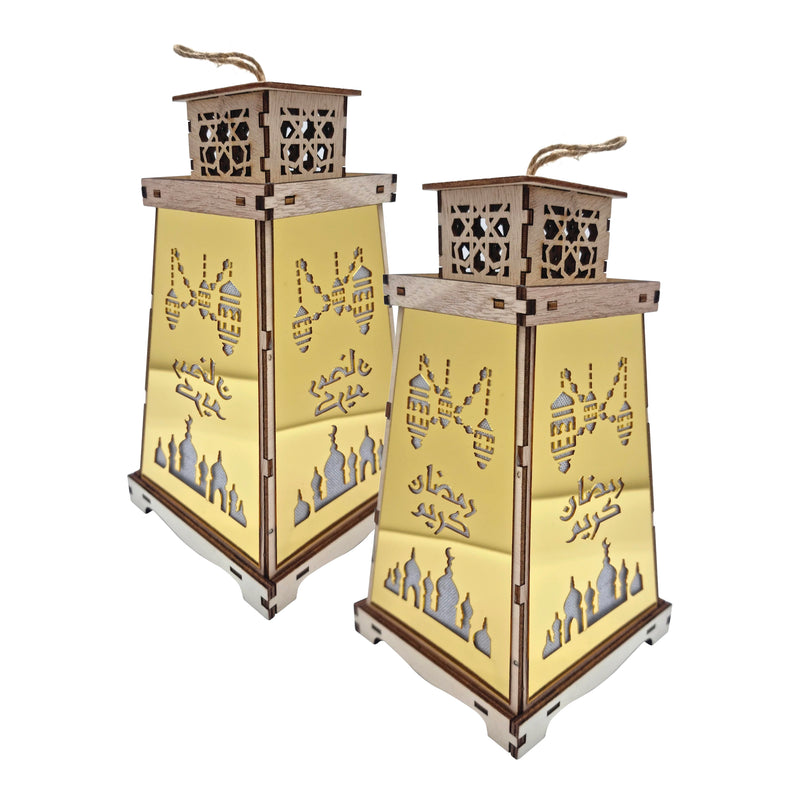 Set of 2 Wooden Shabby Chic Table / Hanging Lantern Decoration - Natural / Gold Arabic Skyline Cut Out
