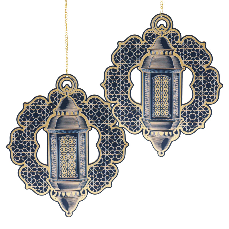 Pack of 2 Blue & Gold Floral Lantern Eid & Ramadan Wooden Hanging Decorations