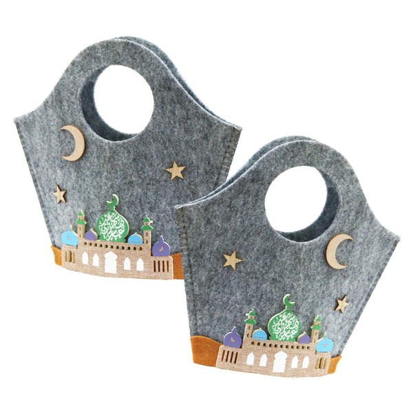 Large Grey Felt Moon, Star & Mosque Gift Pouch (Pack of 2)
