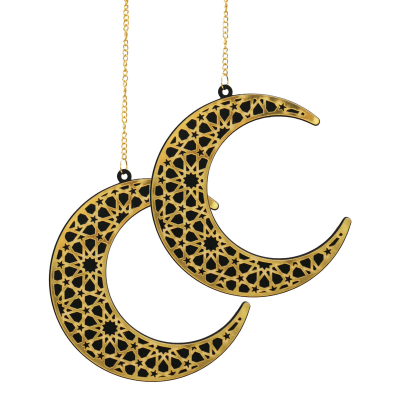 Pack of 2 Gold Geometric Pattern Eid & Ramadan Wooden Hanging Crescent Moons