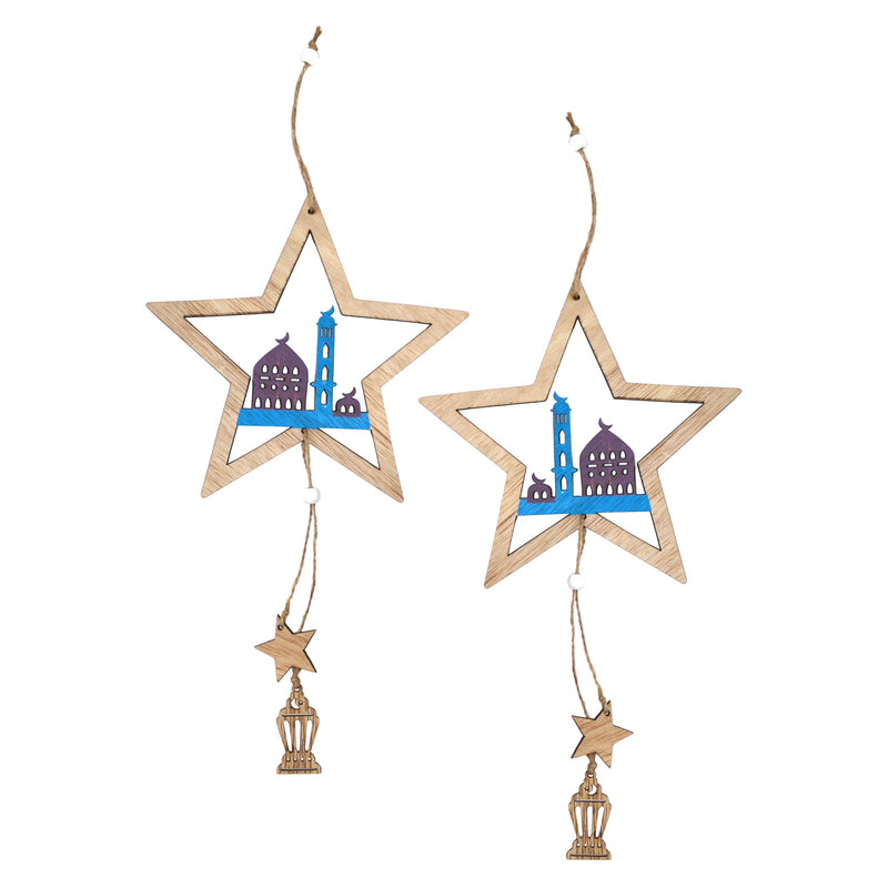 Set of 2 Wooden Star Hanging Decoration