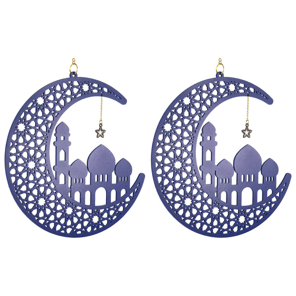 Set of 2 Blue Wooden Ramadan / Eid Crescent Moon & Mosque Hanging Decorations