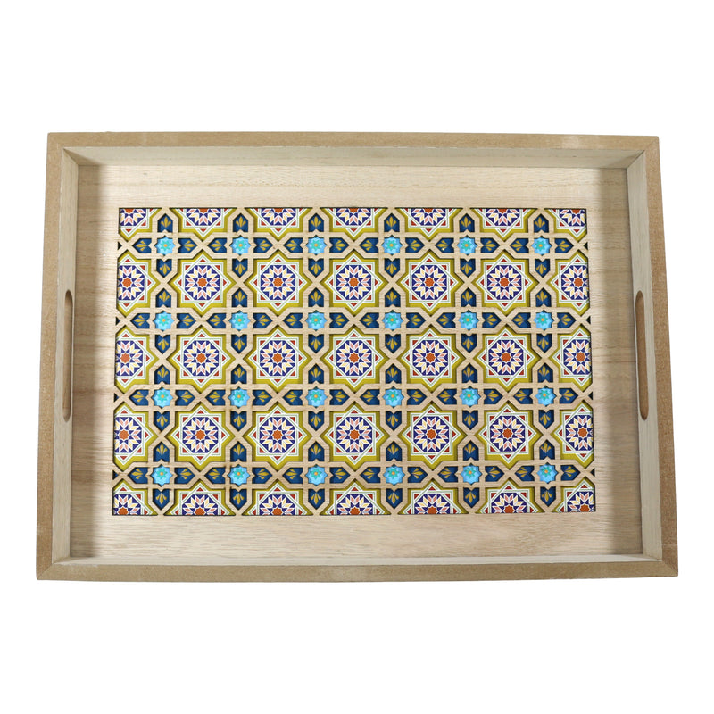 Set of 2 Rectangular Wooden Geometric Inlay Pattern Trays (1904-3AB)