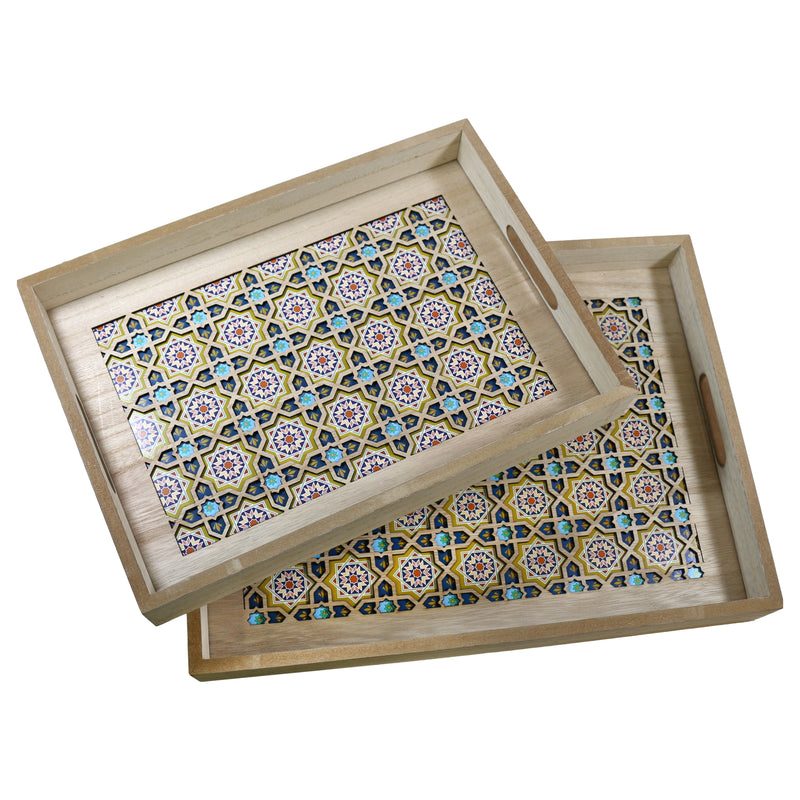Set of 2 Rectangular Wooden Geometric Inlay Pattern Trays (1904-3AB)