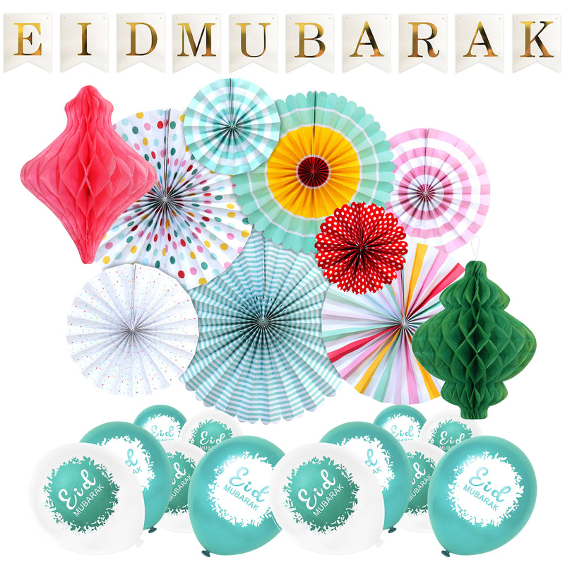 White Gold Bunting, Pastel Fans, 2 x Honeycombs + Botanical Balloons Decoration SET 20