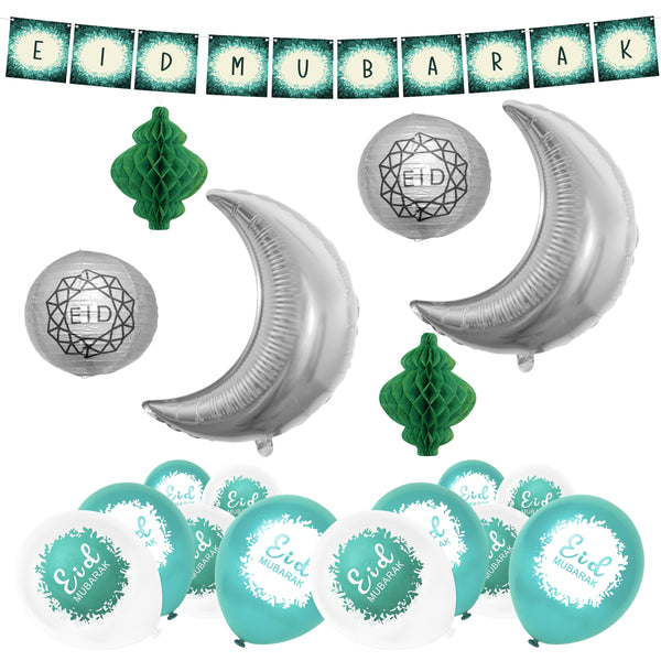 Green & Teal Botanical Bunting, 2pc Silver Moon Foil Balloons, Green Paper Honeycomb Lanterns, Silver Geo Paper Lantern + Green & White Eid Balloons Decoration SET 14