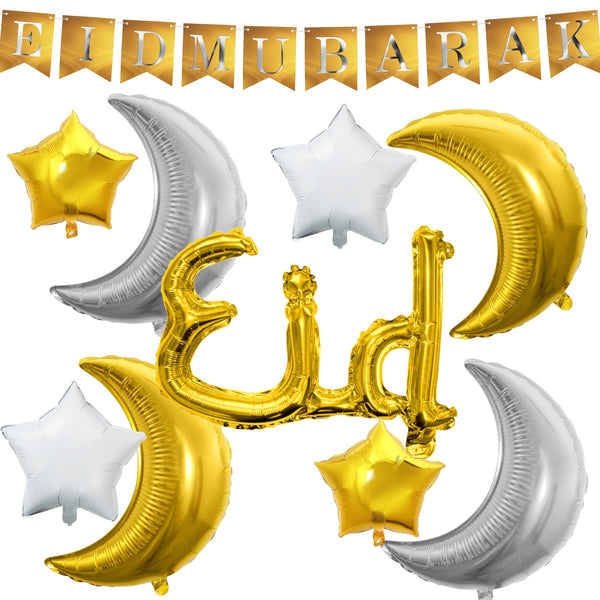 Gold Eid Mubarak Bunting, 8pc Gold & Silver Moon & Star Foil Balloons + Eid Gold Foil Balloon Decoration Set 19