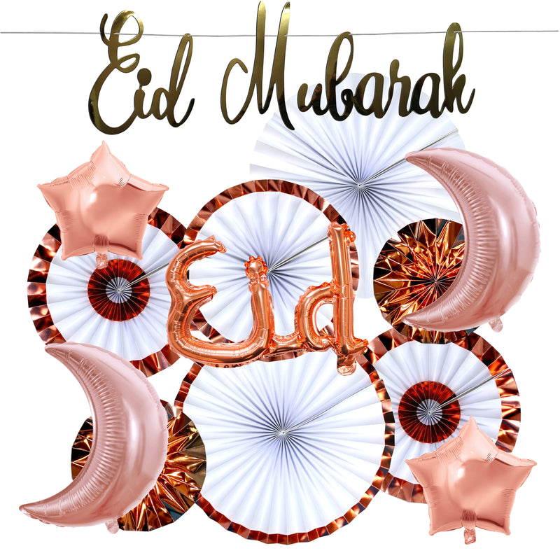 Gold Eid Mubarak Italic Cut Out Bunting, 2pc Rose Gold Moon &  2pc Star Foil Balloons, Rose Gold Eid Foil Balloon, Copper Paper Fan Decoration SET 26