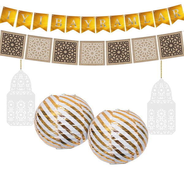 Eid al-Adha / Bakra / Kurban Bayram: Turkish Bunting, Hessian Bunting, Gold Lantern & White Wooden Lantern Decoration SET 39