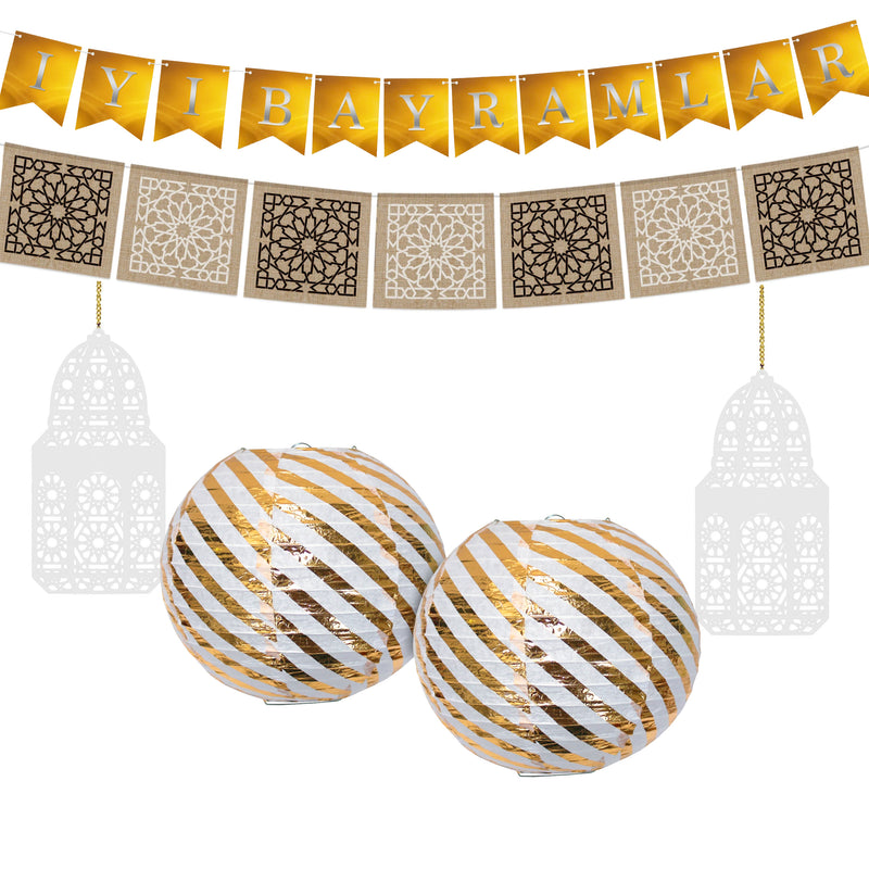 Eid al-Adha / Bakra / Kurban Bayram: Turkish Bunting, Hessian Bunting, Gold Lantern & White Wooden Lantern Decoration SET 39
