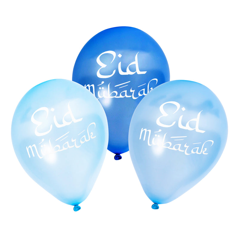 3-Shade Blue Eid Mubarak Latex Party Balloons (12 Pack)