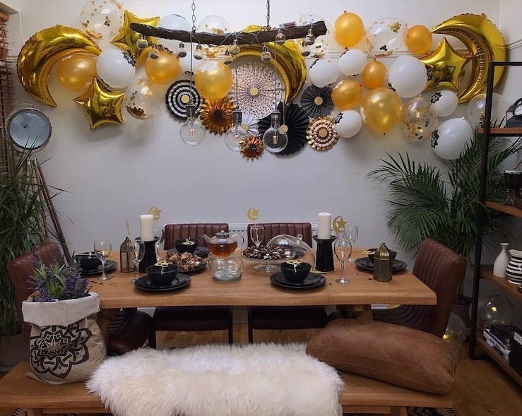 English & Arabic Hessian Bunting, Black & Gold Paper Fans + White & Gold Eid Balloons Decoration SET 4