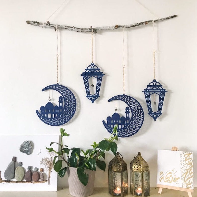 Set of 2 Blue Wooden Crosshatch Ramadan / Eid Lantern Hanging Decorations
