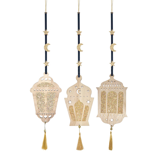 Set of 3 Natural Wooden Glitter Hanging Lanterns with Gold Tassels