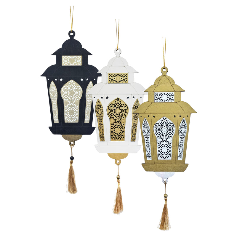 Set of 3 Black White & Gold Wooden Hanging Lanterns with Tassels