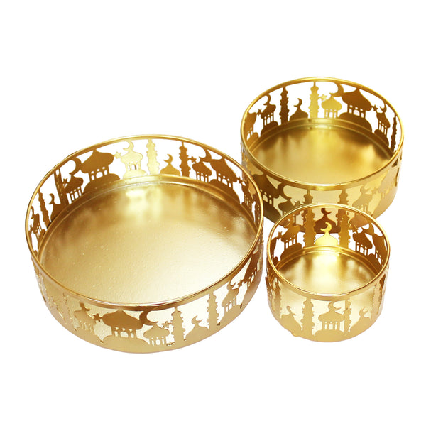 Set of 3 Gold Metal Eid Mubarak Ramadan Mosque Cut Out Cake / Treat Tins (757-7)