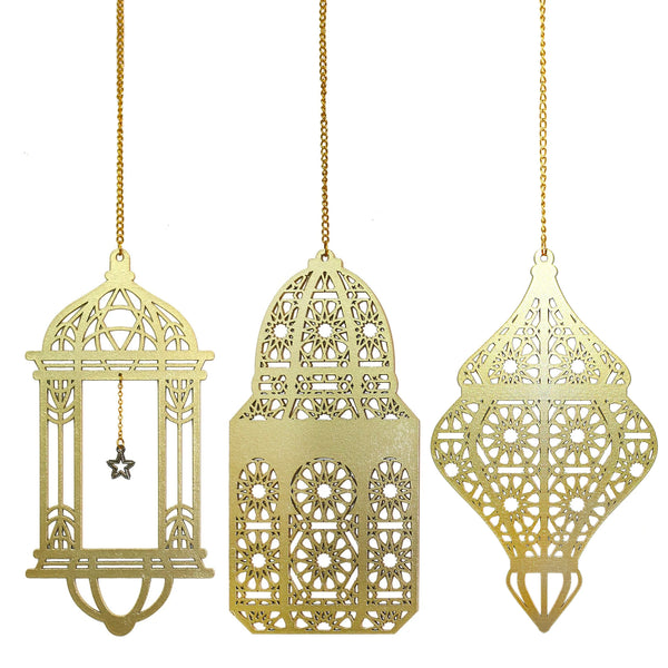 Pack of 3 NEW Gold Ramadan / Eid Wooden Lantern Hanging Decorations