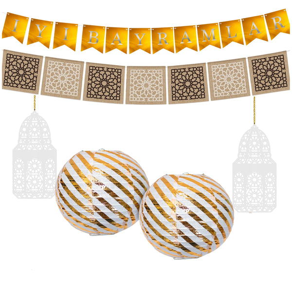 Eid al-Adha / Bakra / Kurban Bayram: Turkish Bunting, Hessian Bunting, Gold Lantern, White Wooden Lantern Decoration SET 41