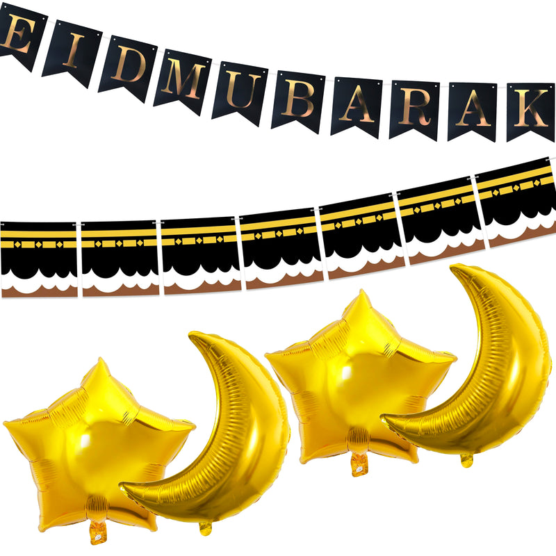Eid al-Adha / Bakra / Kurban Bayram: Black Bunting, Kaaba Bunting, 4pc Gold Foil Moon & Star Balloons Decoration SET 42