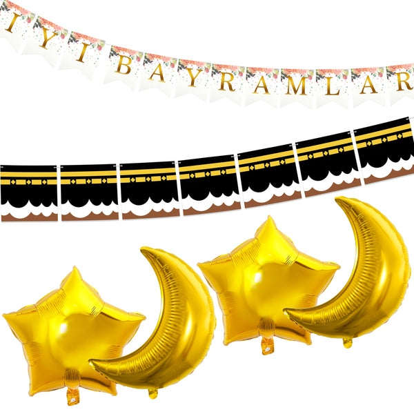Eid al-Adha / Bakra / Kurban Bayram: Turkish Bunting, Kaaba Bunting, 4pc Gold Foil Moon & Star Balloons Decoration SET 43