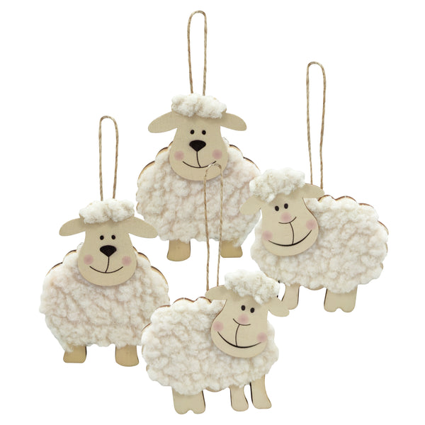 Pack of 4 Eid al-Adha Wooden Fluffy Sheep Hanging Decorations